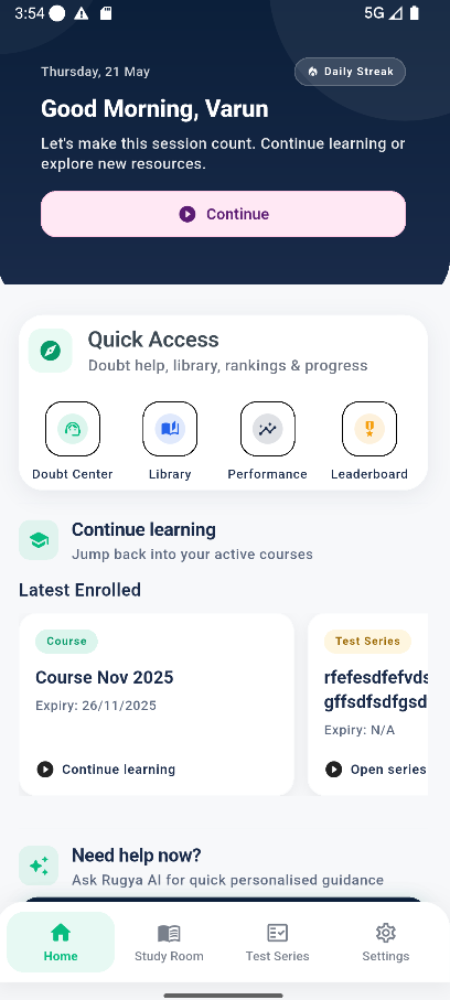 Rudra app home dashboard with courses and Rugya AI