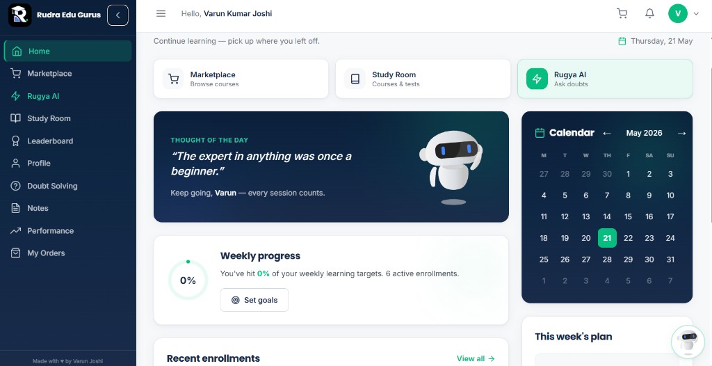 Rudra student dashboard with daily study, marketplace, and Rugya AI